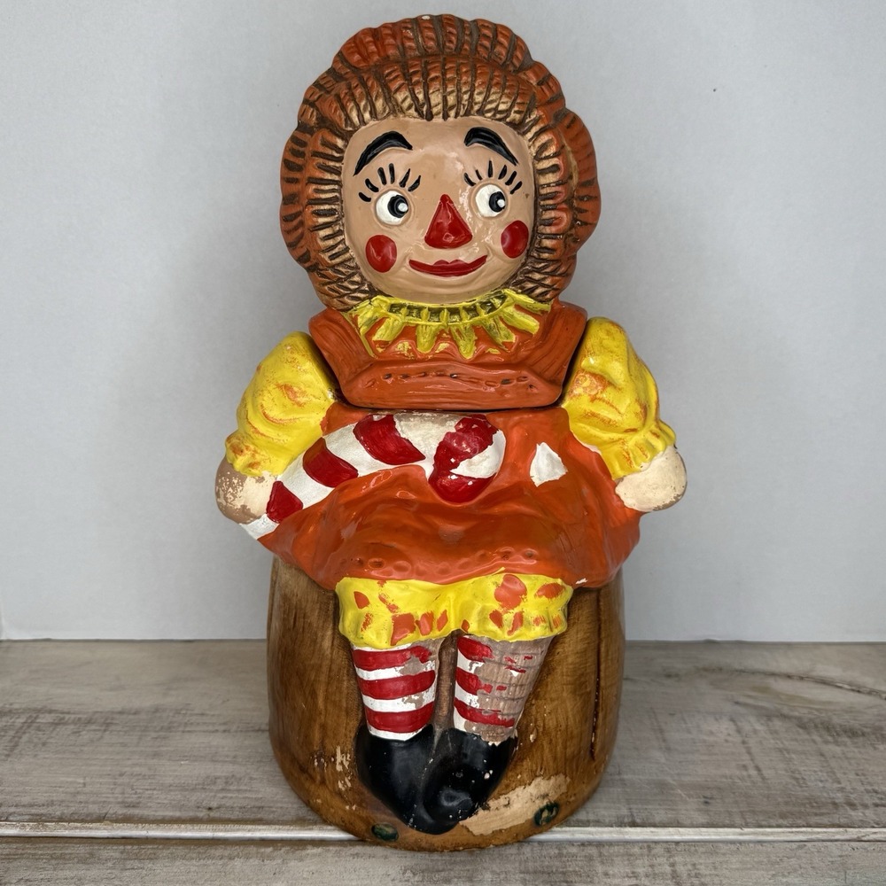 Vintage Raggedy Ann Ceramic Cookie Jar Sitting on Barrel Candy Cane 12.5 Inch